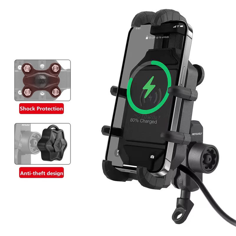 Soporte de teléfono para motocicleta, soporte de teléfono móvil para bicicleta, soporte de teléfono celular para bicicleta con cargador inalámbrico de carga rápida USB QC3.0