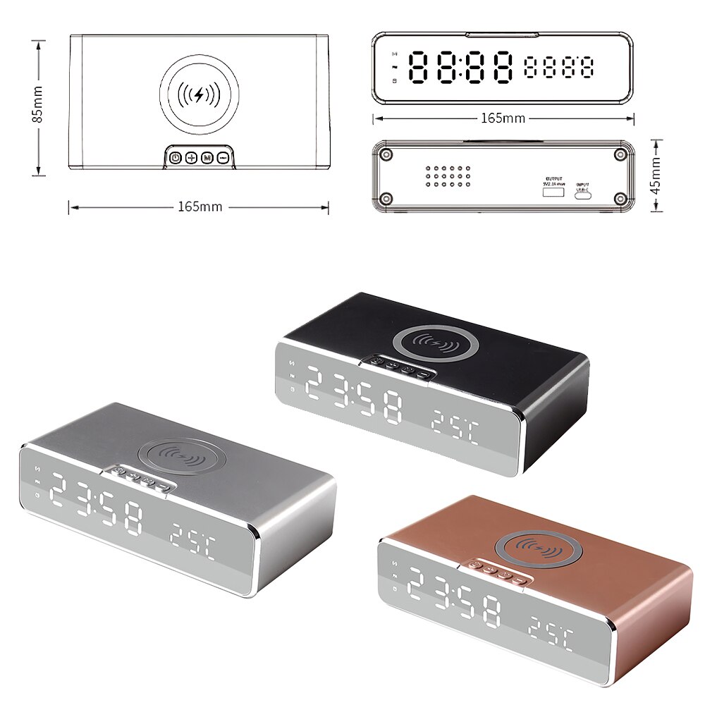 2in 1 LED Alarm Clock Mobile Phone Wireless Charger Digital Temperature Display Bedside Table Clock