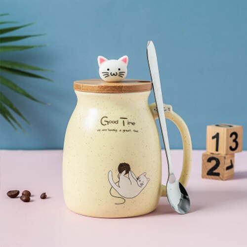 500ml Color Cat Heat-resistant Mug Cartoon with Lid Cup Kitten Coffee Ceramic Mugs Children Cup Office Drinkware
