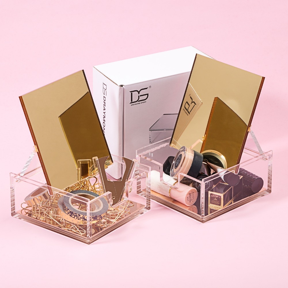gold acrylic Gold Mirror box stationery student office supplies transparent metal gold mirror desk sorter