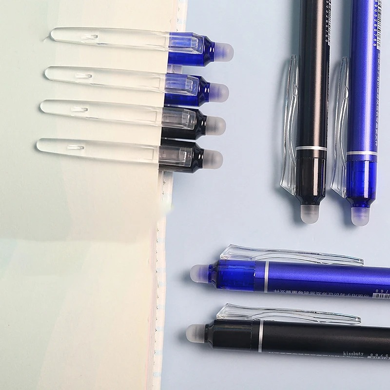 0,5mm retractable erasable gel pens with refills, black/blue gel ink, built-in eraser, office supplies, exam stationery