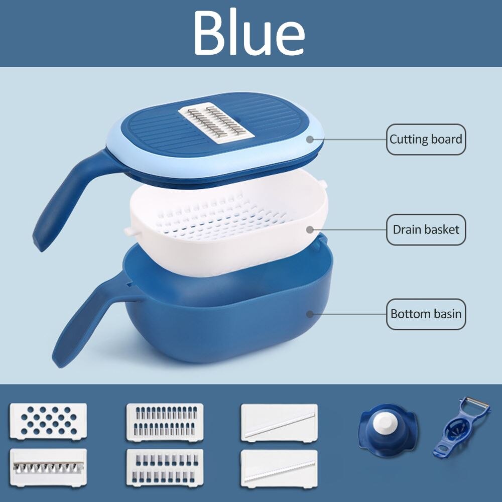 Multifunctionele groentesnijder gadget fruit aardappelschiller wortel kaasrasp groentesnijder afvoermand keukengereedschap: Blauw