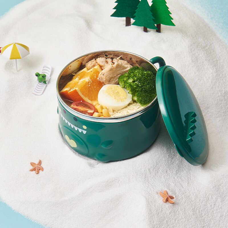Kawaii Dinosaur Ramen Bowl Instant Ramen Noodles Korean Food Container Stainless Steel Student Bento Box with Lid &amp; Handle 850ml