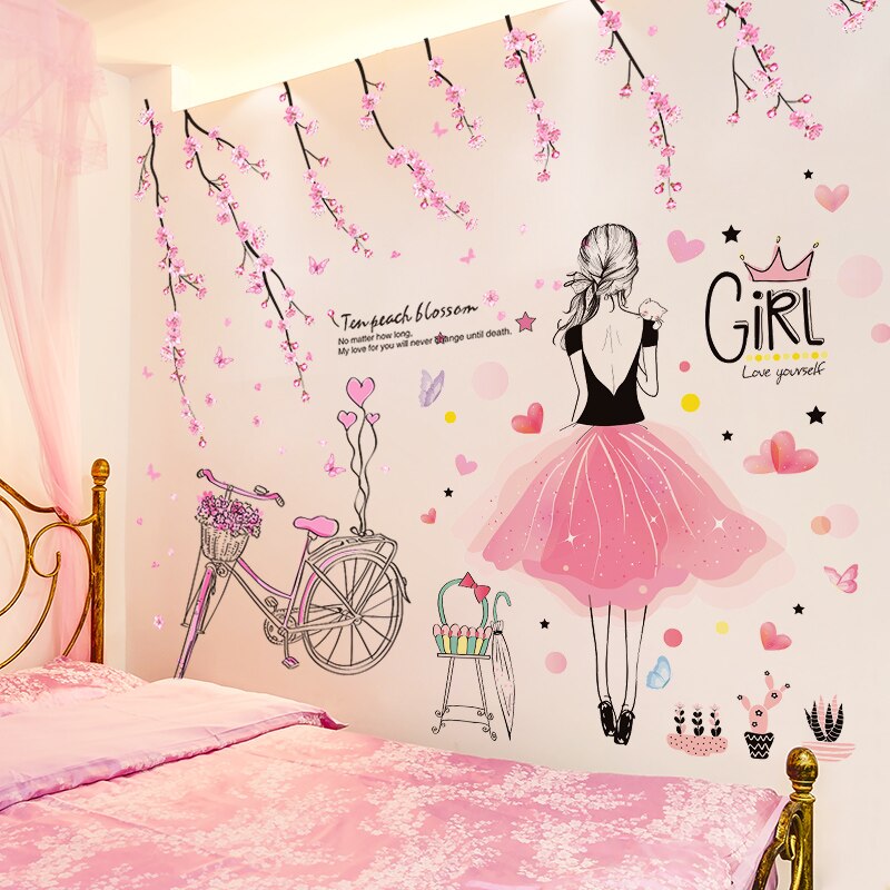 Pegatinas de pared de niña de dibujos animados, calcomanías de Mural de bicicleta de flores de melocotón DIY para habitaciones de niños, dormitorio de bebé, guardería, decoración del hogar