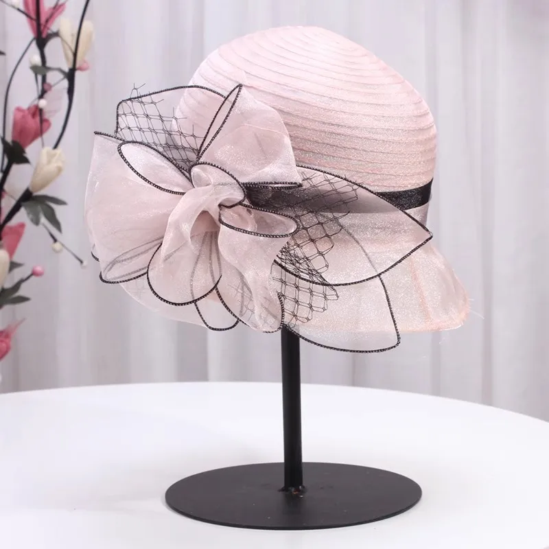 Kvinders hatte med sløjfe, bred skygge, kentucky derby fedora, sommersolhat til kvinder: Lyserød