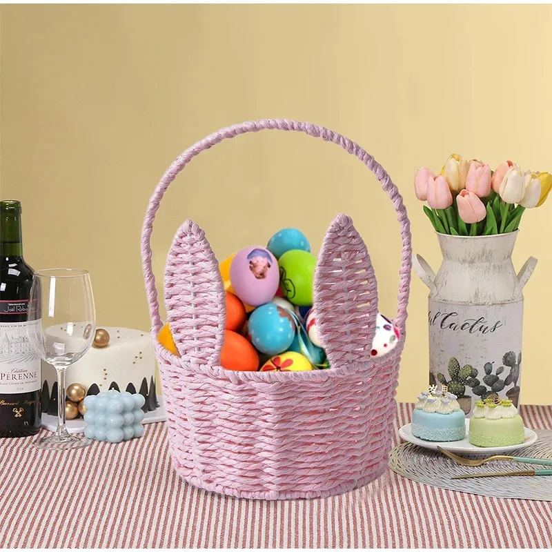 Cute Bunny Ears Woven Basket Paper Rope Braided Flower Basket Easter Decoration Home Picnic Fruit Hand-held Sundries Organizers