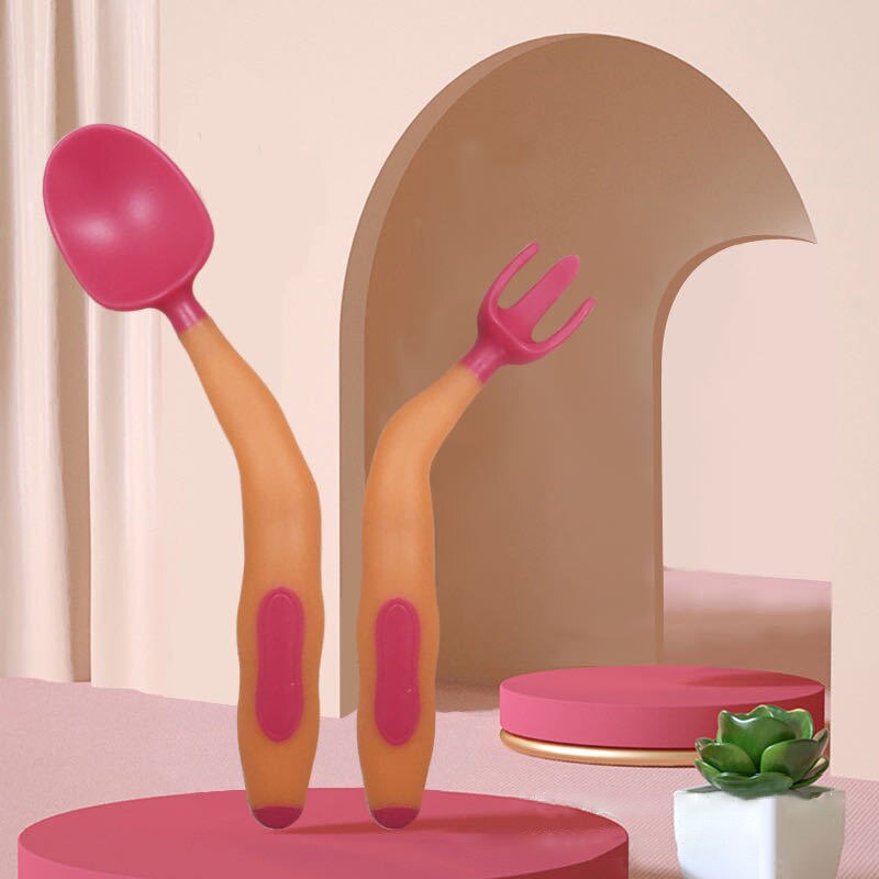 2 Teile/satz Baby Obst Gabel Löffel einstellen Nette Karikatur Baby Ausbildung Löffel Gabel Geschirr einstellen Gebogene Biegen Baby Utensil setzt: rot Orange
