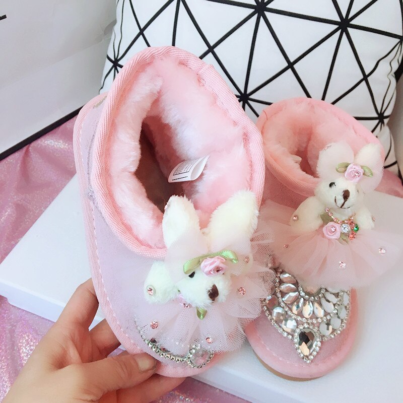 Bottines de neige pour enfants, chaussures chaudes pour bébés filles, chaussures souples avec strass, en cuir véritable,