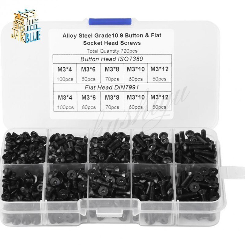 720pcs/set M3 Alloy Steel Hex Socket Flat Head Screws Bolts Assortment Kit Fastener Hardware With Box Black