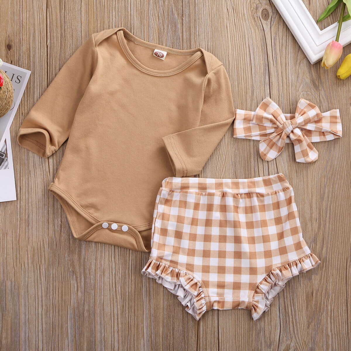 Ropa de playa para bebés y niñas, conjunto de 3 uds. De manga larga de Tops, mono + Pantalones a cuadros, conjunto de ropa 0-24M