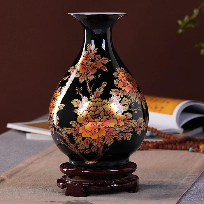 Chinese Style Vase Jingdezhen Black Porcelain Crystal Glaze Flower Vase Home Decor Handmade Shining Famille Rose Vases
