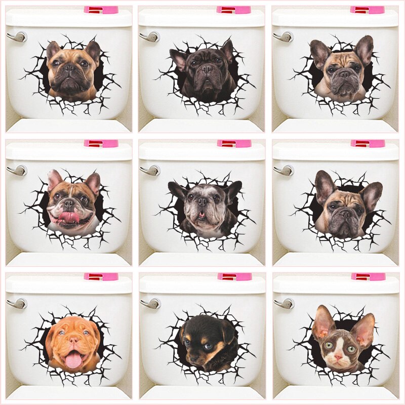 Honden &#39;Verschillende Expressie Wc Stickers Voor Wasruimte Decoratie Diy Vivid 3d Rip Patroon Muurschilderingen Creatieve Pvc Thuis Stickers