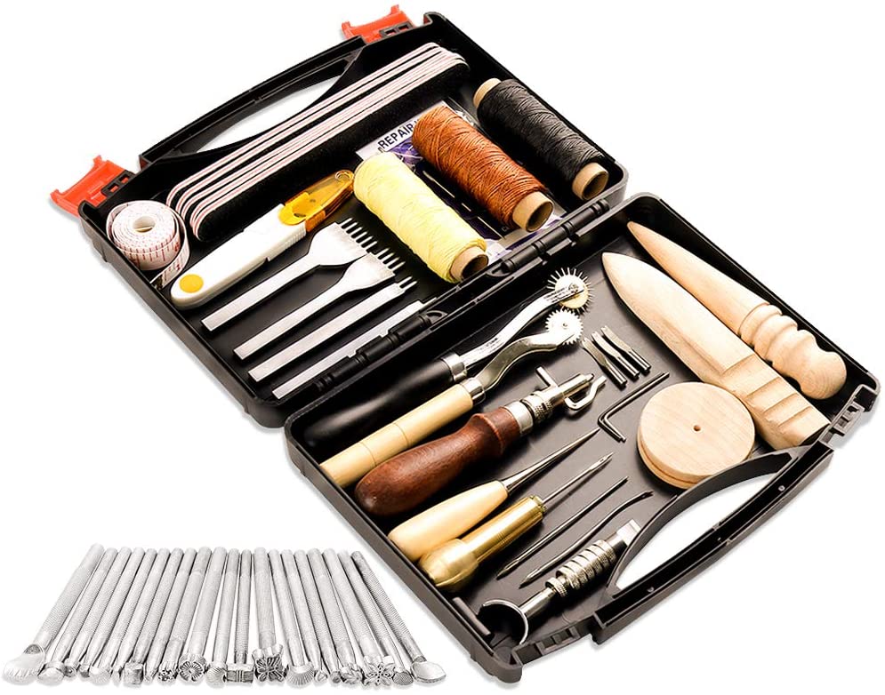 Outils de travail du cuir, poinçon biseauté, cordes de cire, aiguilles pour couture, poinçonnage, coupe, couture, fabrication artisanale du cuir: 48pcs