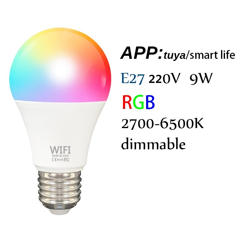 Bombilla inteligente B22 E27, foco Led regulable con Wifi, Tuya/Smart Life, Control por aplicación, funciona con Alexa y Google Home: E27 220V