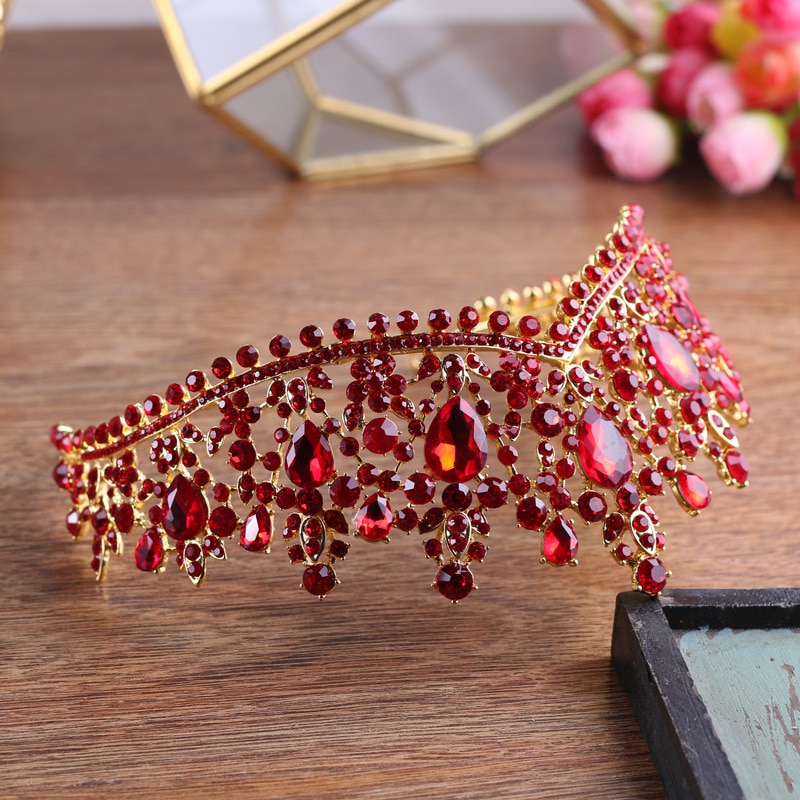 Luxe gouden rode strass bruids tiara's kroon vintage barok kristal diadeem voor bruiden hoofdbanden bruiloft haaraccessoires