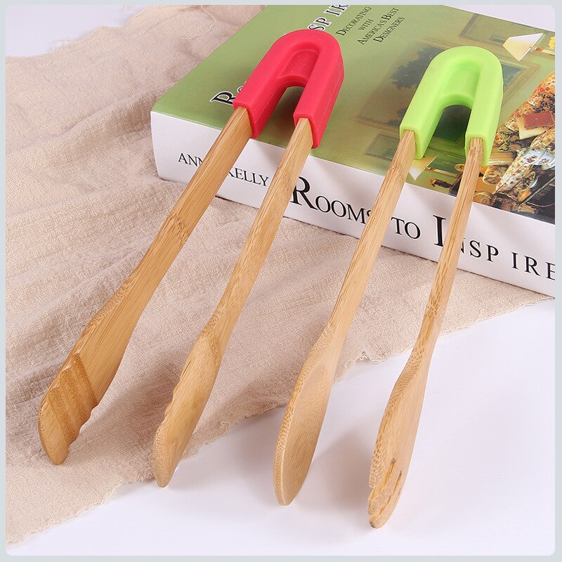 Pinzas para comida de bambú tostar, pastel de madera, ensalada bolsa con Clip para aperitivos, mango de silicona, pinzas para pan y barbacoa, utensilios de cocina, pinchos
