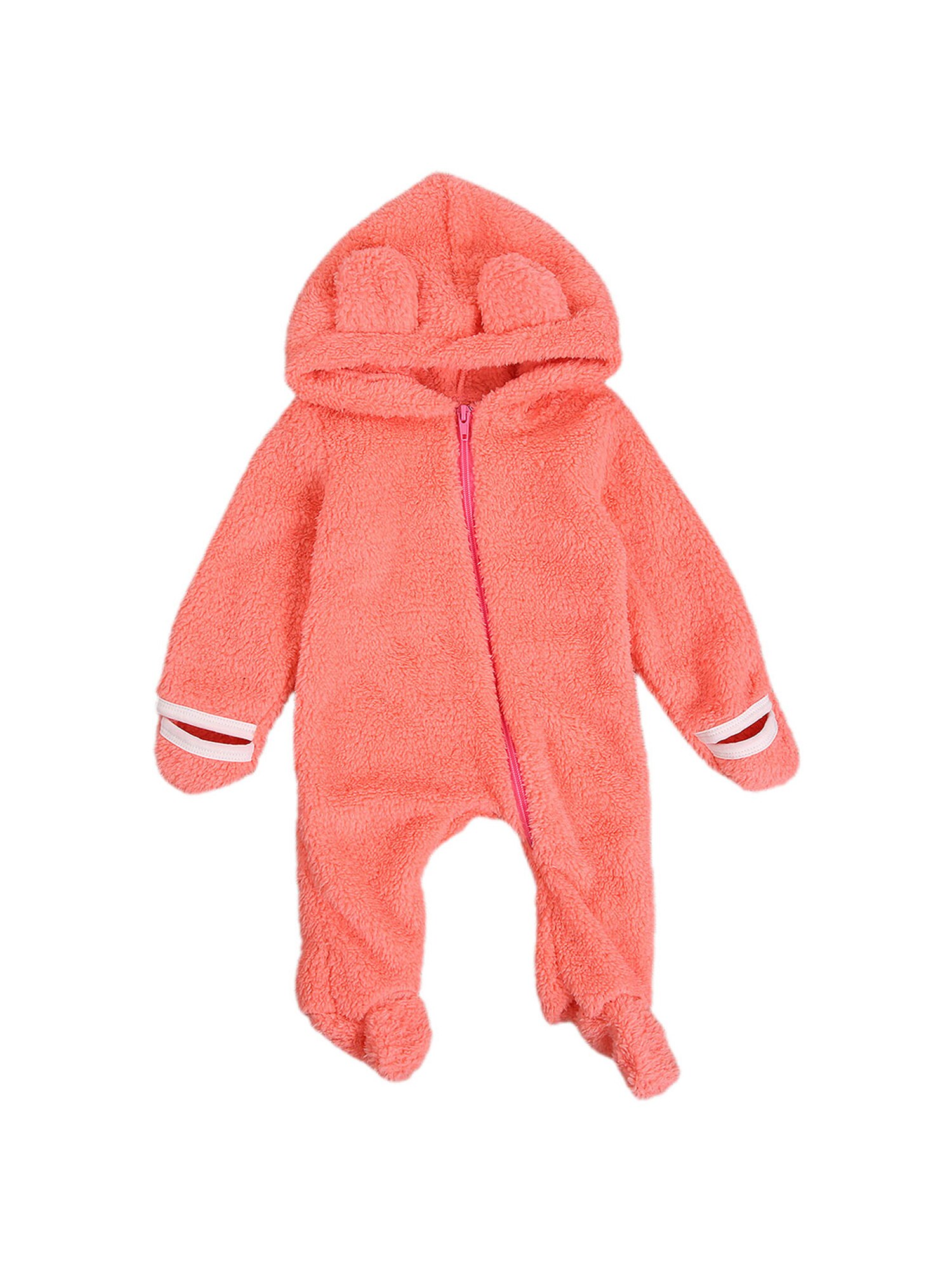 Lijst babymeisjes jongen lange mouwen voetbal jumpsuit capuchon badstof berenoren gradiënt kleur dikke warme lentekleding: Roze / 6m