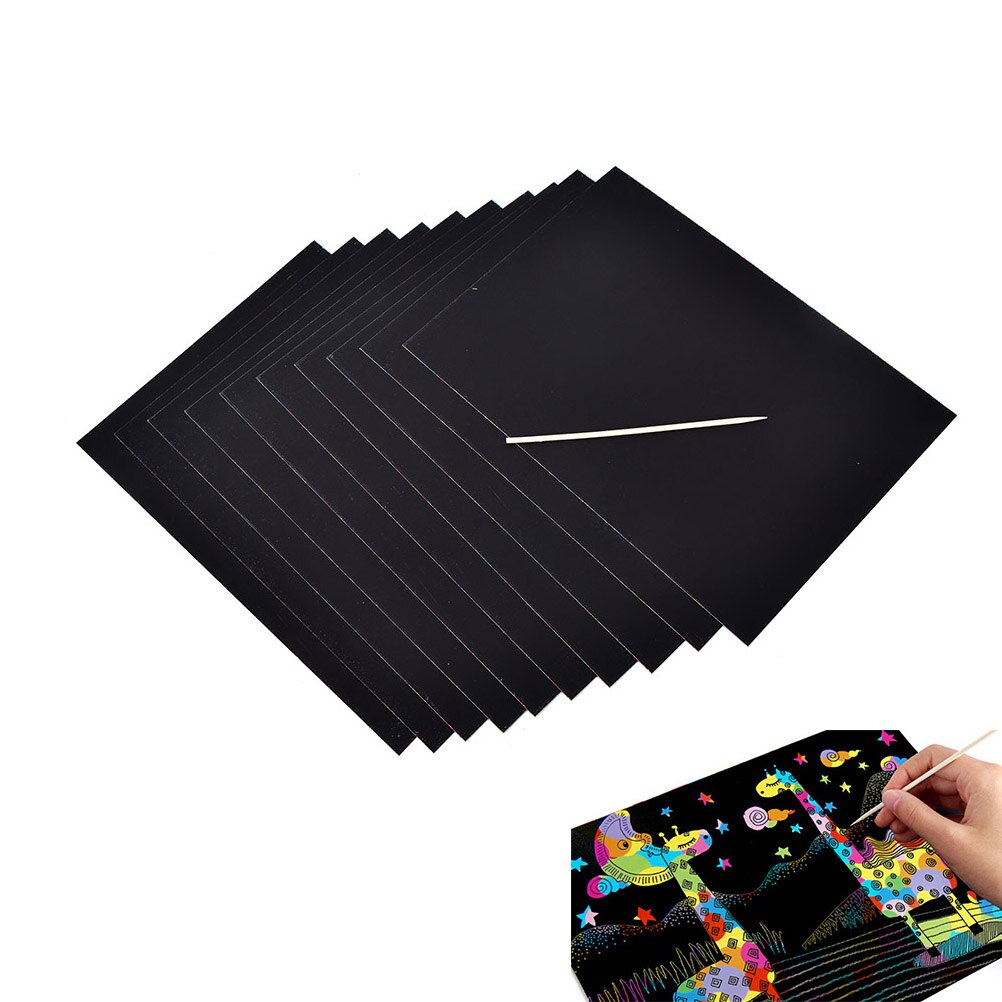 10 Sheets Rainbow Scratch Colourful Stencil Art Craft Engraving Paper With Pen Drawing Paper