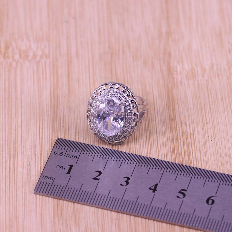 Grote Witte Kristal & Zirkoon Zilveren Kleur Sieraden Oorbellen Ring Met Ketting Set Midden-oosten Verkoop Stijl