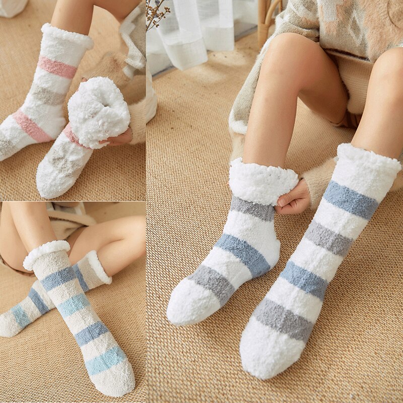 Dames zoete pantoffels sokken antislip print streep winter warme polyester huissokken dames zachte thermische vloer badstof sokken