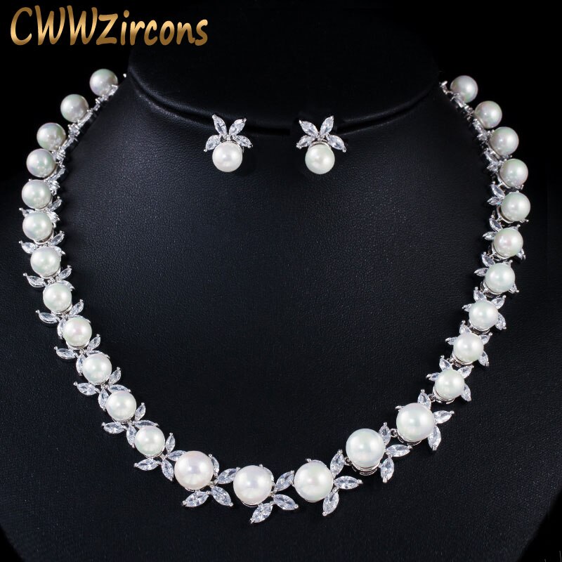 CWWZircons Shiny Cubic Zirconia Paved Round Big Pearl Bridal Wedding Party Necklace Earrings Jewelry Sets for Women T359: Default Title