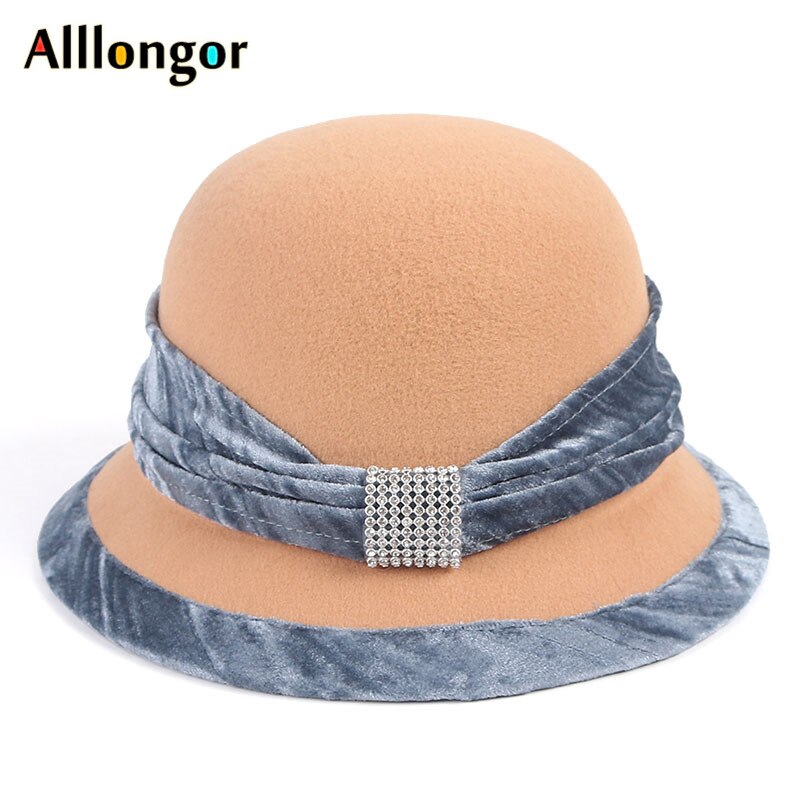 Red Bottom Fedora Hat Women French Autumn Winter Crystal Dome Cap Normal Wool Bowler Felt Hats Chapeau Femme Hiver: Blue Brim