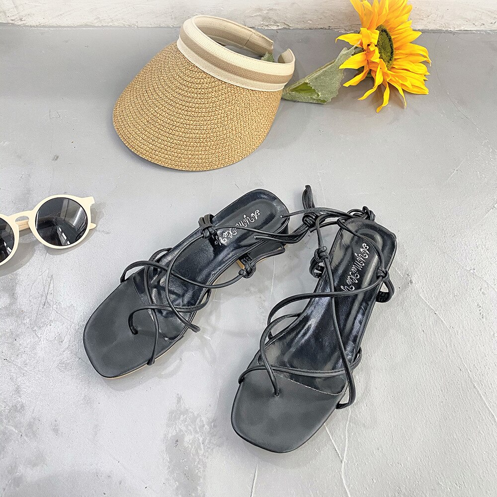 Sandalen Vrouwen Vierkante Teen Dubbele Band Sandalen Femme Clip Teen Dikker Med Hoge Hakken Gladiator Sandalias Mujer Cross-Tie sandalen: Black / 39