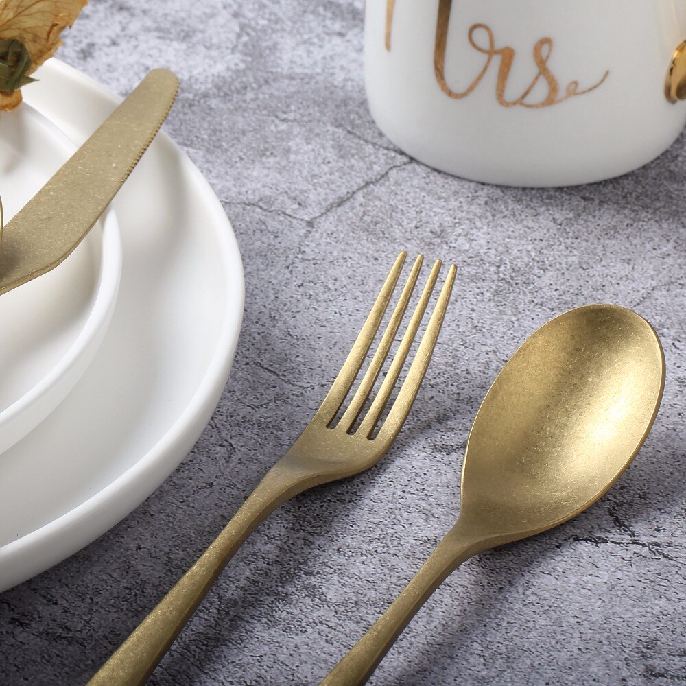 4 stk/sett retro bestikk middagssett gammelt servise 304 rustfritt stål gullgaffel skje kniv sett bestikk servise restaurant