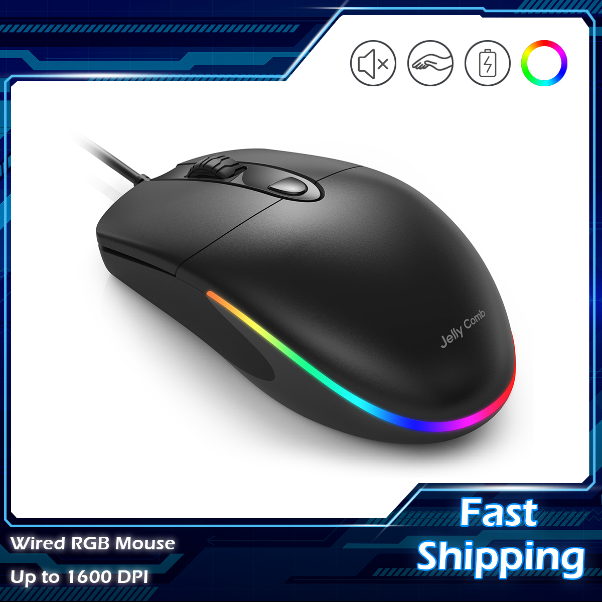 Jelly comb Wired Optical Mouse Gaming Mice with RGB Backlight and Silent Clicking for PC Computer Laptop 1600 DPI Black