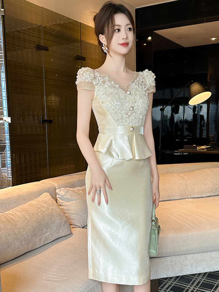 Formel kjole dametøj sød chic blonder splejset satin korte ærmer flæser kåbe fest fødselsdag vestidos mujer
