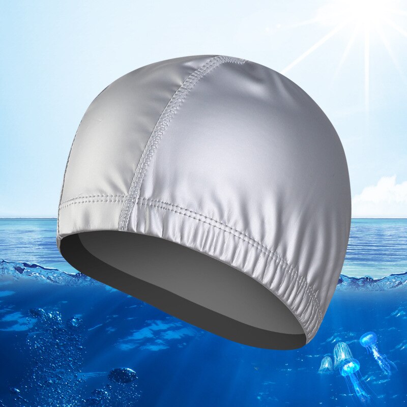 Chapéus elásticos de natação unissex, capas com revestimento impermeável para piscina, natação, tamanho livre para homens e mulheres, proteção para orelhas boné para natação: Silver