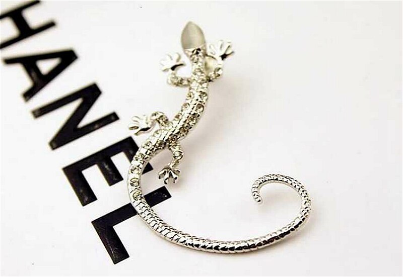 Gothic Punk Rhinestone Lizard Ear Cuff Earrings For Women Gold Silver Color Crystal Animal Clip Earrings Jewelry 1Pcs: silver