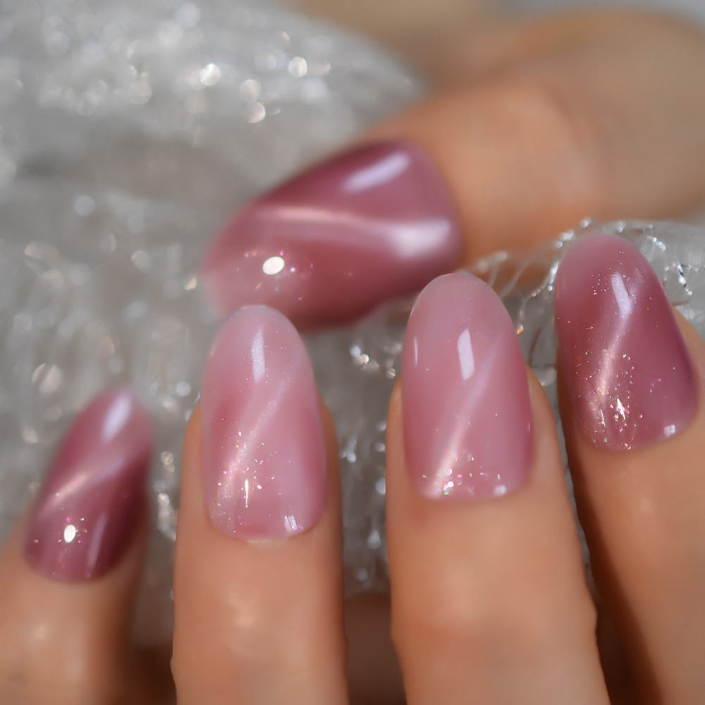 Fantasie roze kattenoog nepnagels medium ovaal top galaxy handgeschilderde kunstmatige acryl nagelkunst tips voorgevormde ongles 24 stuks