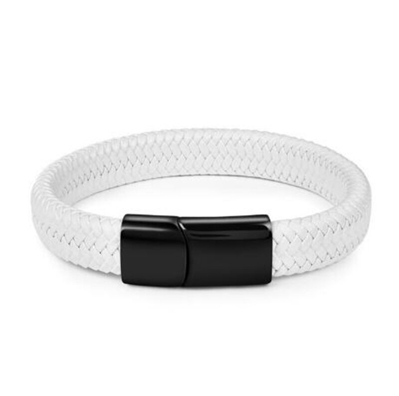 Unisex trend armbånd par smykker hvidt vævet læder metal magnetisk knap armbånd: Sort