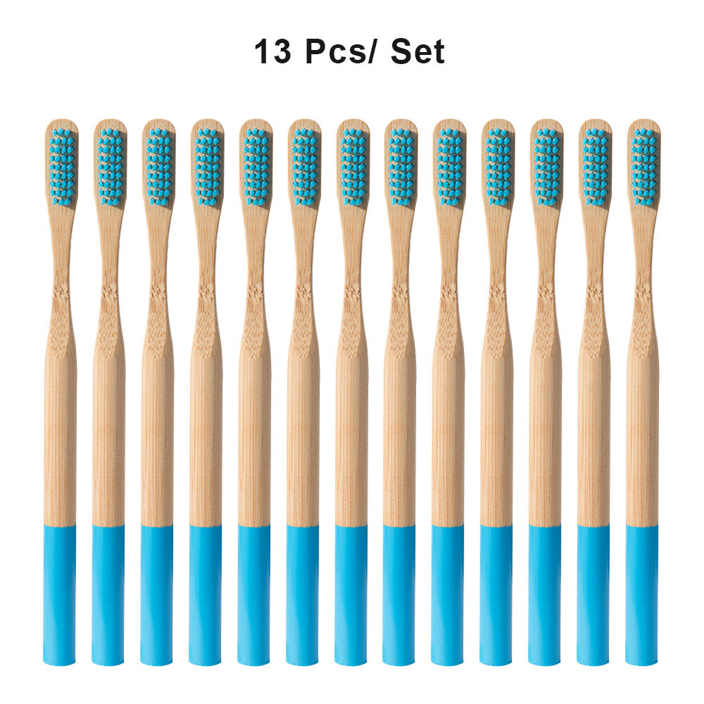 Miljövänligt trä regnbågtandborste bambu 12/13 st tandborste bambufiber träskaft tandborste blekning färgglad: 13 st blå