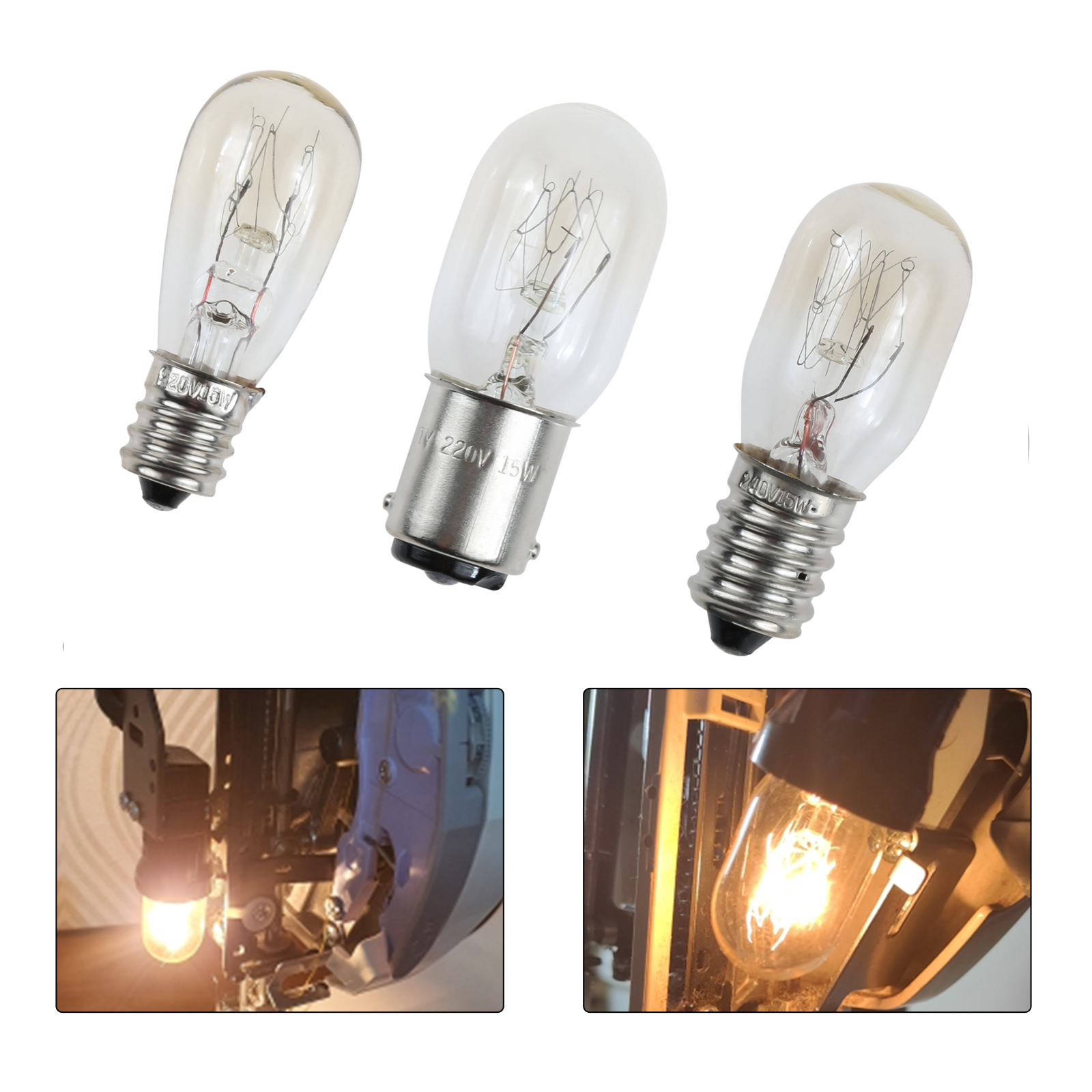 Bombilla para máquina de coser, 2 uds., 220V, E12/BA15D/E14, 15W, lámpara incandescente roscada/enchufable, luz LED de maíz para nevera, advertencia artesanal DIY