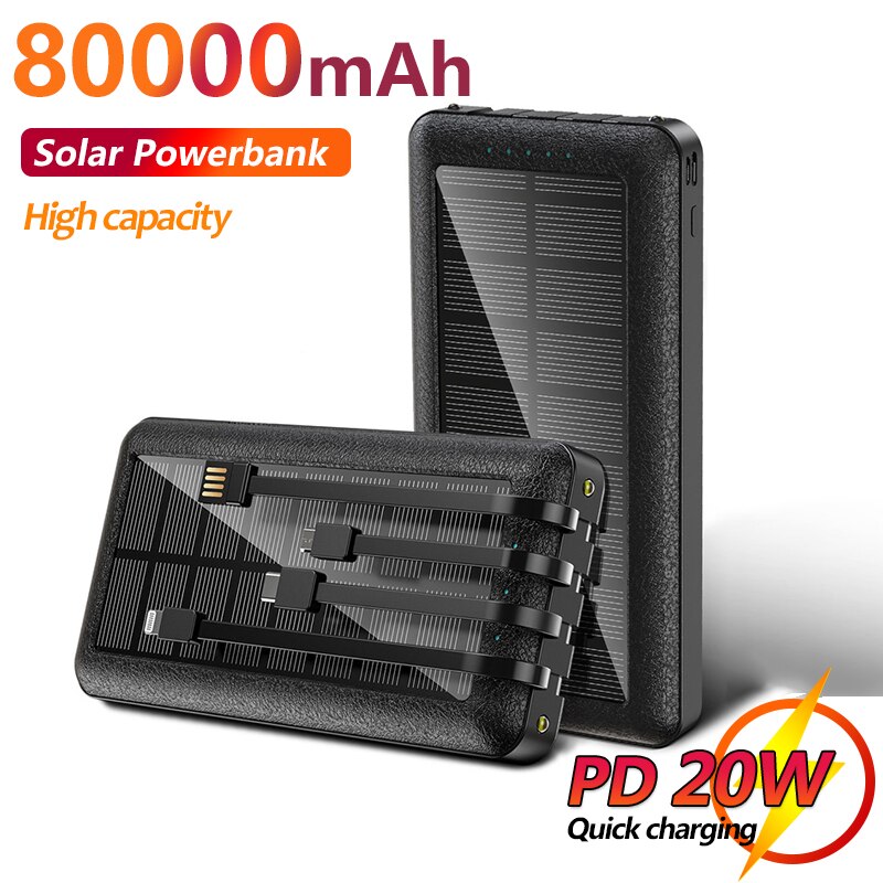 80000Mah Solar Power Bank Snel Opladen Externe Batterij Draagbare Power Bank Met 3 Oplaadkabel