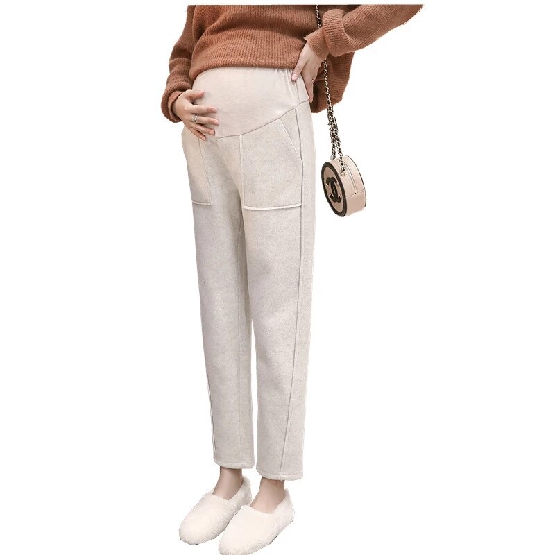 Autumn Winter Thicken Warm Woolen Maternity Pants Belly Straight Loose Pants Clothes for Pregnant Women Pregnancy Trousers