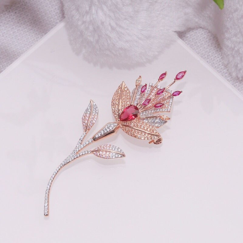 925 Sterling Silver Brooch - Pink & Blue Flower Inlay Zircon Stones - Women's Party Jewelry