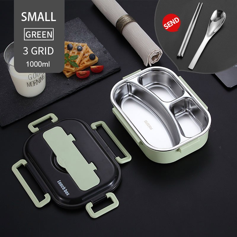 304 Roestvrij Staal Lunchbox Japanse Bento Doos Met Compartimenten Voor Kinderen Magnetron Voedsel Container Met Servies Set: 1000ml 3 Grid Green