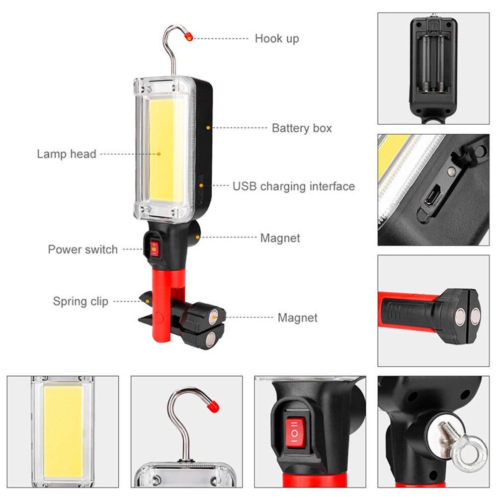Portable LED COB Work Light Torch Floodlight with Hook Clip USB Charge Power by 18650 Magnetic Flashlight Lantern for Car Repair