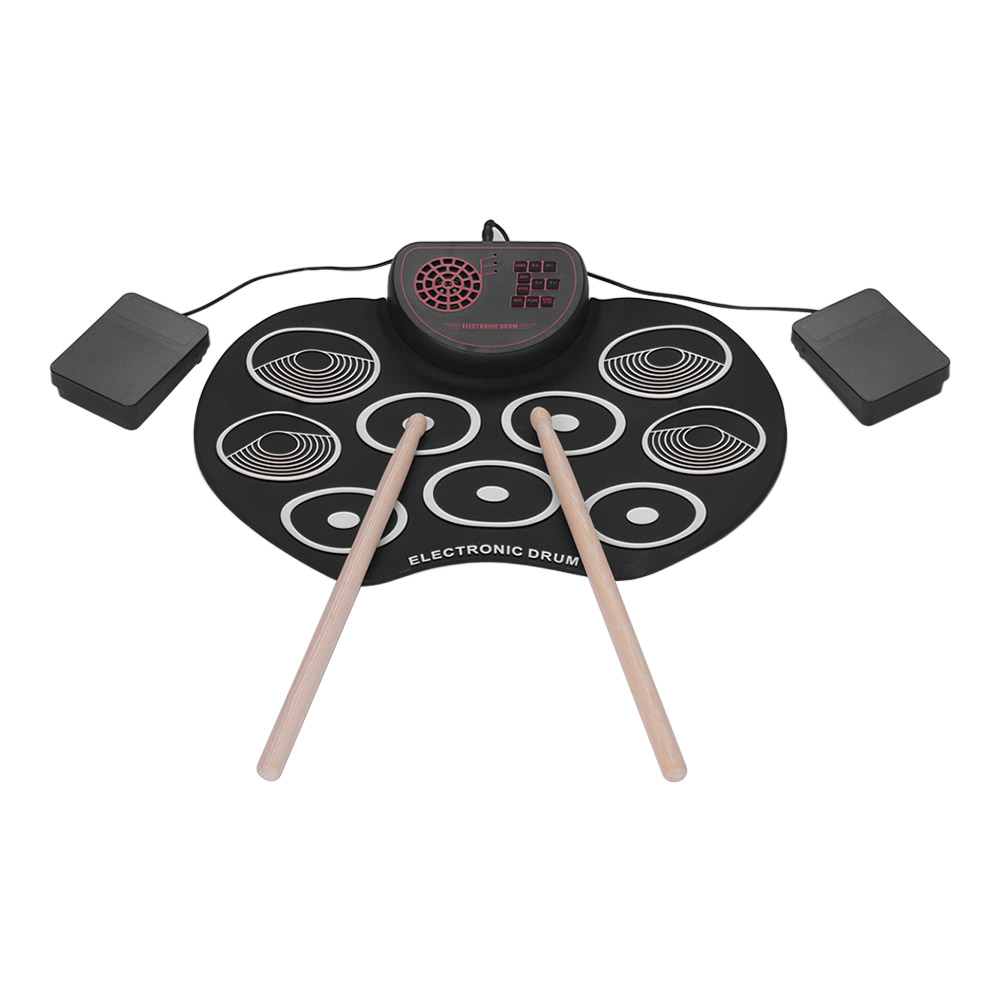 Bærbar elektronisk trommesæt usb roll up tromlepadsæt 9 trommepads med pinde og fodpedaler digitale percussioninstrumenter: Flerfarvet