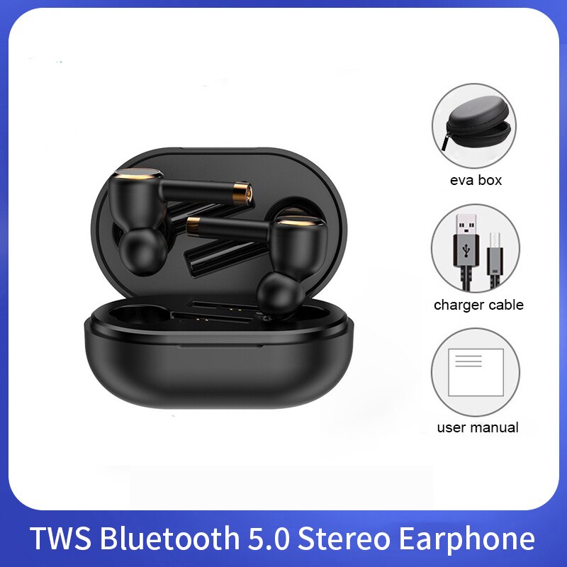 stereo true Wireless Headphones TWS oortjes Bluetooth Earphones sport bass handsfree HD call Earbuds with microphone for Phones: Black with EVA Box