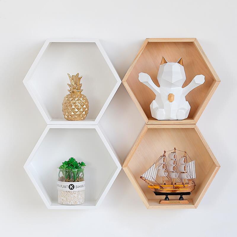 Hexagon nordisk flytande hylla trä hem tjejer sovrum väggdekoration blomställ display förvaringstillbehör