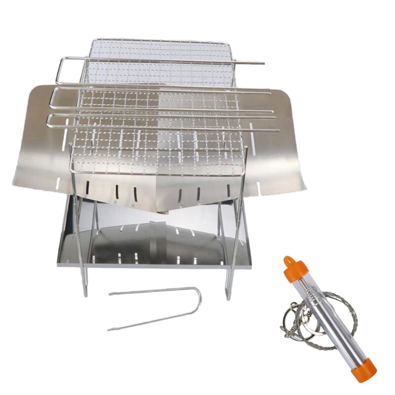 Camping Wood Stove Grill Folding Stainless Steel Firewood Buring Stove for Camping Cooking Picnic BBQ: D