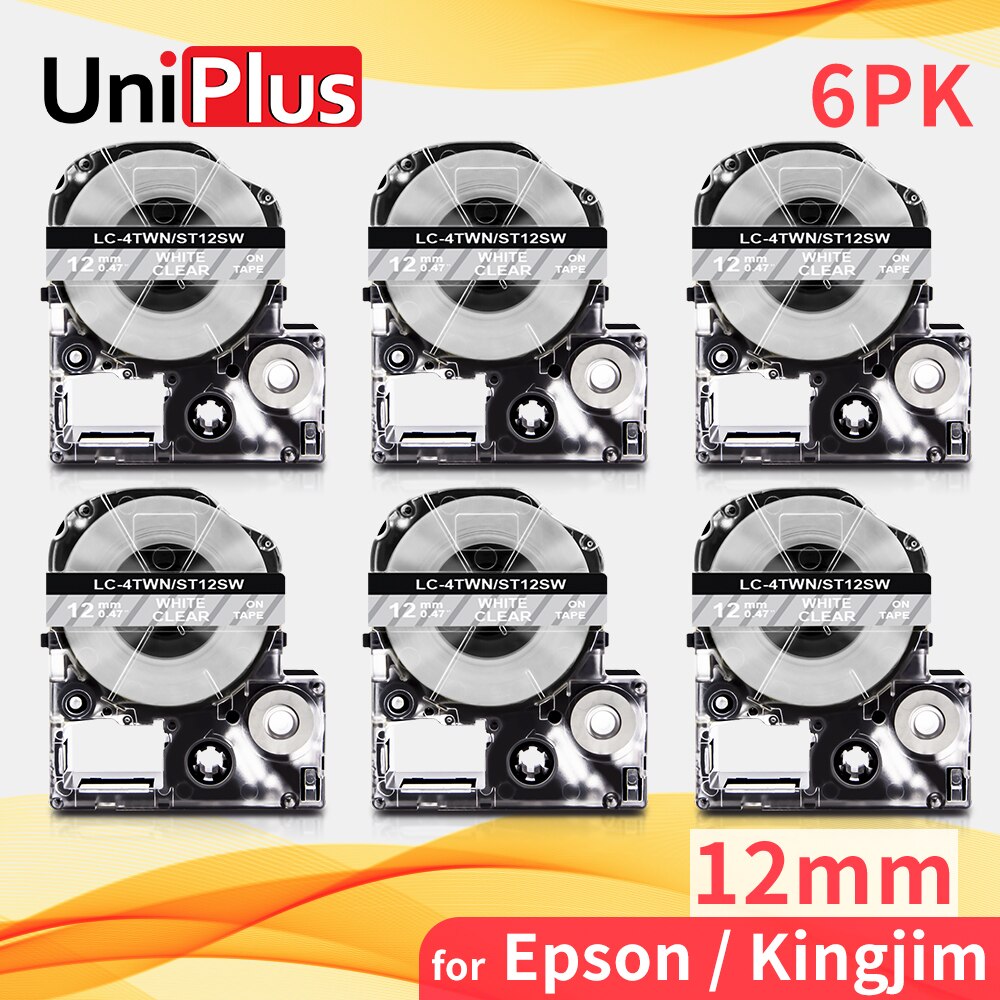 UniPlus 6PK Strong Adhesive Label Tape White on Clear Printer Ribbon Fit Epson Kingjim Label Maker LW-K400 LW-700 LW-900P 1000P: 6 pieces