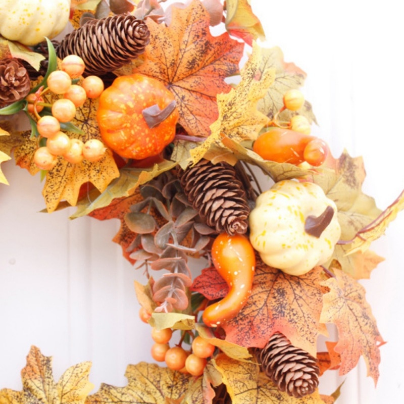 Artificial Wreath Garland Rattan Frame With Pumpkin Berries Pine Cone And Maple Leaves Halloween Thanksgiving Autumn D