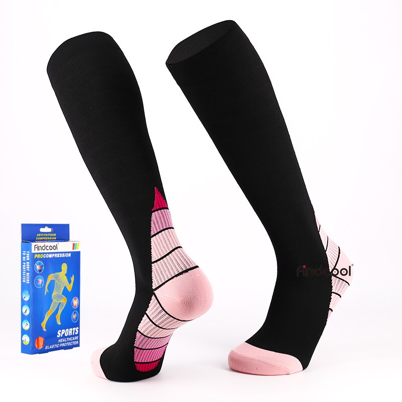 Findcool Knee High Compression Socks Outdoor Sports Socks Running Cycling Travel Boost Stamina Long Sock for Men Women: Black Pink / S/M