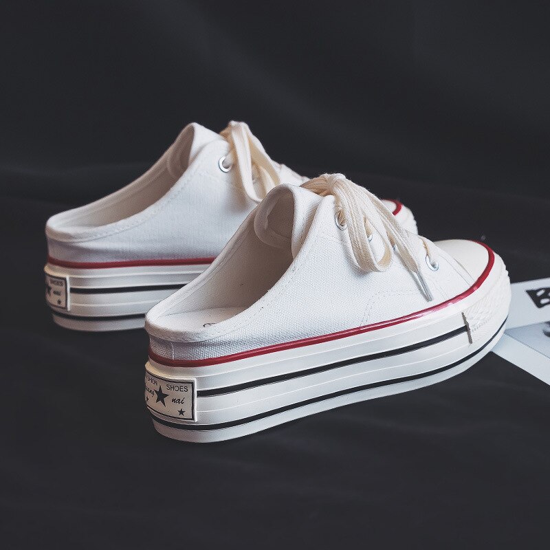 Summer heelless running shoes women's inner increase canvas shoes half drag thick bottom casual sports shoes for women ZP-201: White / 4