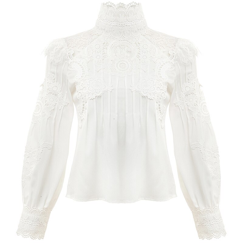 CHICEVER-Camiseta informal de verano de encaje liso para mujer, ropa ajustada de talla grande con cuello levantado y manga abombada,: S / white